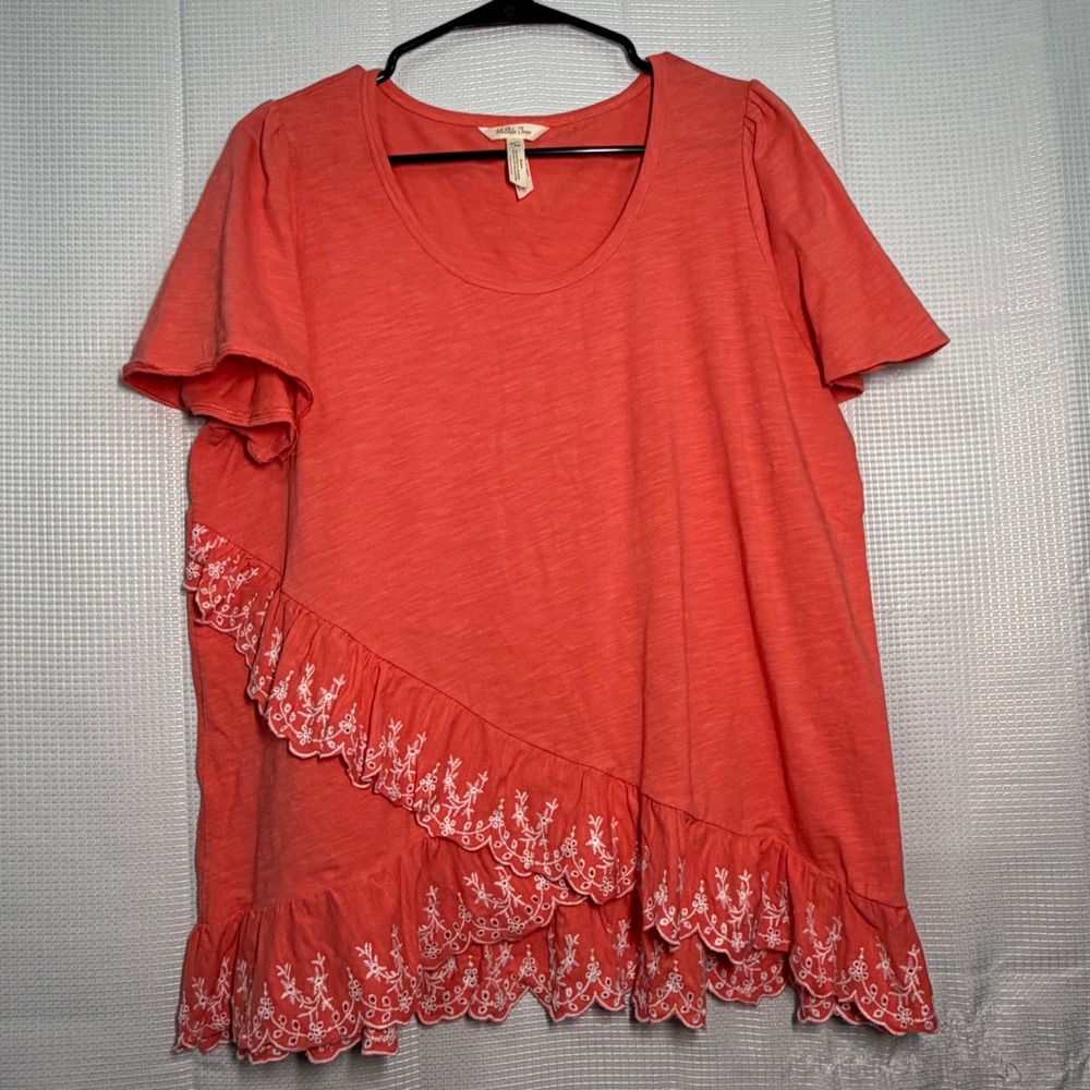 Matilda Jane Ruffle Top L Coral Eyelet Embroidered Hem